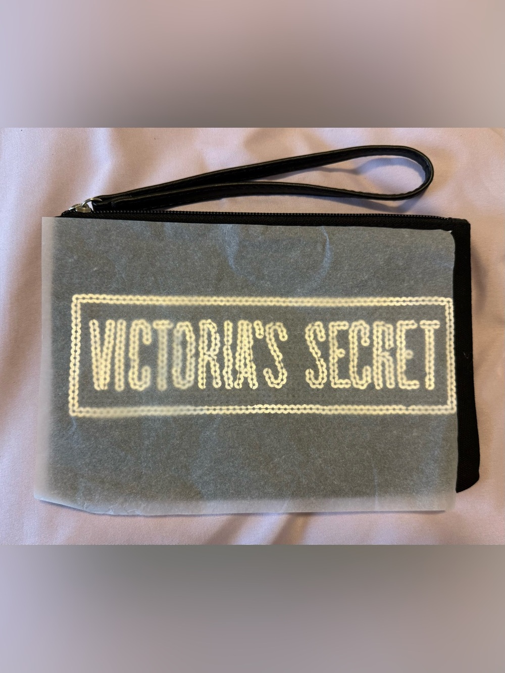 NWT Victoria's Secret Black Cosmetic Bag/Beach Pouch with Silver Sequin Logo - Picture 2 of 6